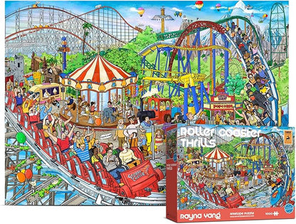 ANTELOPE 3 in 1 1000 Piece Puzzle Bundle - Dog Park, Drive in Movie, Roller Coaster - 1000 Piece Jigsaw Puzzle, Cartoon Style, 15 Years and Up