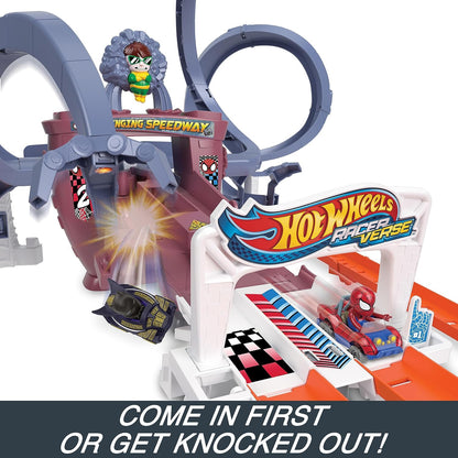 Hot Wheels Toy Car Track Set, RacerVerse Spider-Man’s Web-Slinging Speedway, Competitive Race with 2 Die-Cast Vehicles: Spider-Man & Black Panther