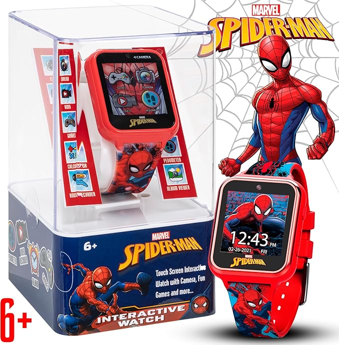Accutime Marvel Spider-Man Red Educational Touchscreen Smart Watch Toy for Boys, Girls, Toddlers - Selfie Cam, Learning Games, Alarm, Calculator, Pedometer, and More (Model: SPD4588AZ)