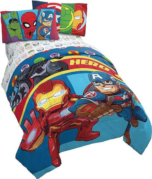 Jay Franco Marvel Super Hero Adventures Double Team 4 Piece Twin Bed Set - Includes Reversible Comforter & Sheet Set Bedding Features Avengers - Super Soft Fade Resistant Microfiber