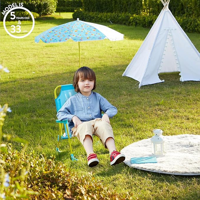 Idea Nuova CoComelon Kids Folding Beach Chair with Umbrella – Outdoor Portable Chair for Ages 3+, Lightweight with Safety Lock, Perfect for Beach, Park, or Backyard