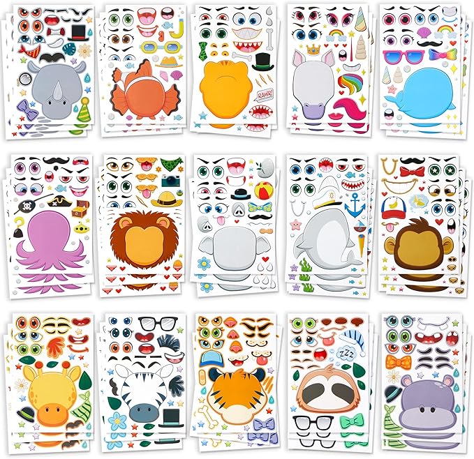 JOYIN 90 PCS 9.8”x6.7 Make-a-face Sticker Sheets Make Your Own Animal Mix and Match Sticker Sheets with Safaris, Sea and Fantasy Animals Kids Party Favor Supplies Craft