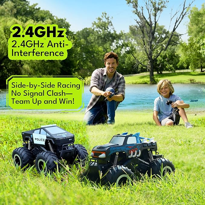GoBang 1:16 Amphibious Cyber Police Car Monster Truck Toys Remote Control Car Waterproof Rc Cars 4WD All Terrain Off-Road Trucks for 6 7 8 9 10 11 12 Year Old Boys Girls Gifts Presents