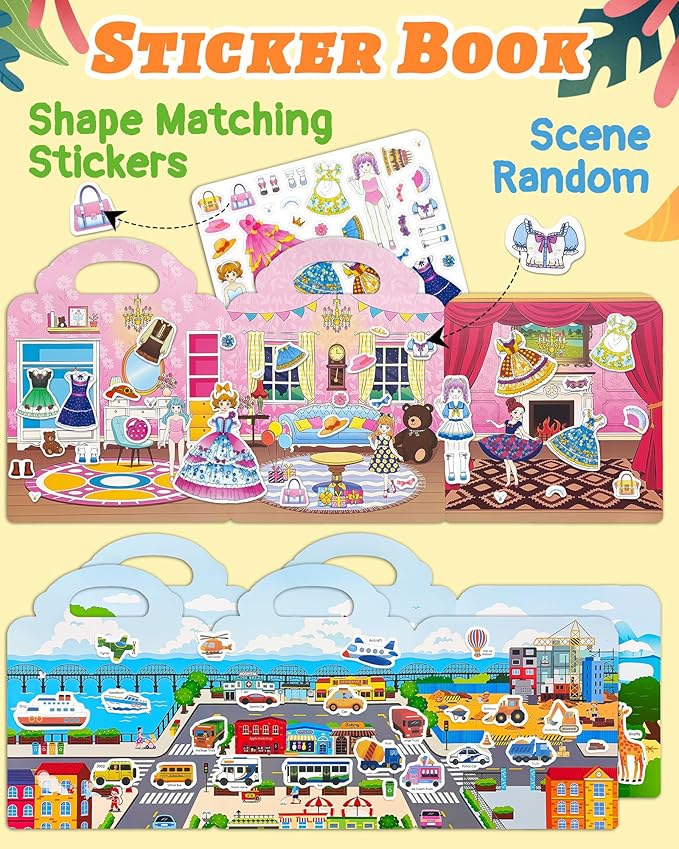 Benresive Reusable Sticker Book for Toddlers 2-4 Years, 3 Sets Travel Stickers for Kids, Waterproof Sticker Books for Toddlers 1-3, Crafts Activities for Todddlers 1-3 2-4 3-5