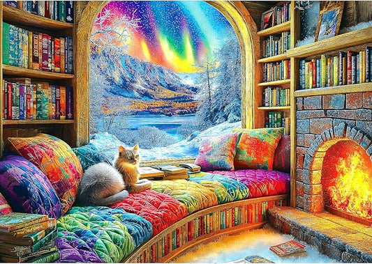 Northern Lights Landscape Jigsaw Puzzles for Adults Fantasy Fairy Cat 1000 Piece Book Room Puzzle for Adults with Letters on Back Challenging Family Puzzle