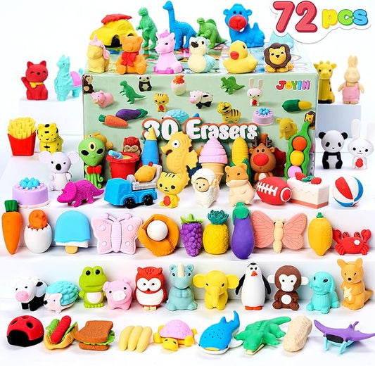 JOYIN 72Pcs Animal Erasers for Kids, Cute Pencils Erasers Bulk, Desk Pets Puzzle for Classroom Rewards Back to School Supplies Party Favors Treasure Box Toys Gifts
