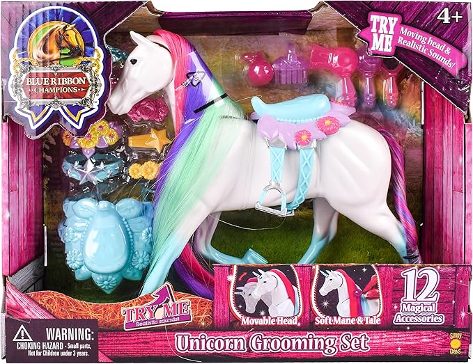 Sunny Days Entertainment Blue Ribbon Champions Fantasy Unicorn Grooming Set, Fantasy Toy Horse with Sounds and 12 Accessories, 4+