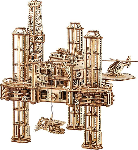 Wood Trick Offshore Rig Platform Wooden 3D Puzzles for Adults to Build - Interactive Movable Platform - Wooden Models Engineering DIY Project Mechanical 3D Wooden Puzzles Model Kits for Adult