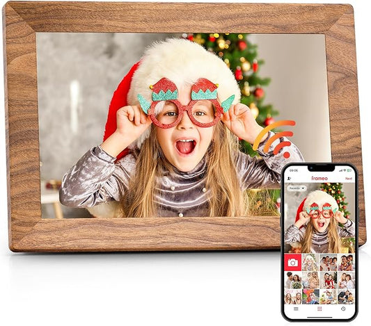 Frameo 10.1" Digital Picture Frame with 32GB Memory WiFi Electronic Photo Frame Wood 1280 x 800 IPS Touch Screen Auto-Rotate Slideshow Wall Mountable Share Photos/Video Remotely Anywhere