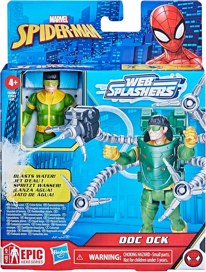 Marvel Spider-Man Aqua Web Warriors 4-Inch Doc Ock Action Figure with Refillable Water Gear Accessory, Action Figures for Boys and Girls 4 and Up