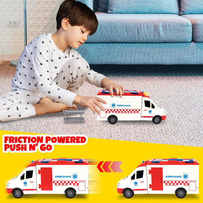 ArtCreativity Ambulance Toy Truck for Kids, Lights & Siren, Friction-Powered 1/16 Scale Rescue Toy Ambulance, Emergency Vehicle Ambulance Toys for Kids 3-8 with Removable Stretcher, Doors Open