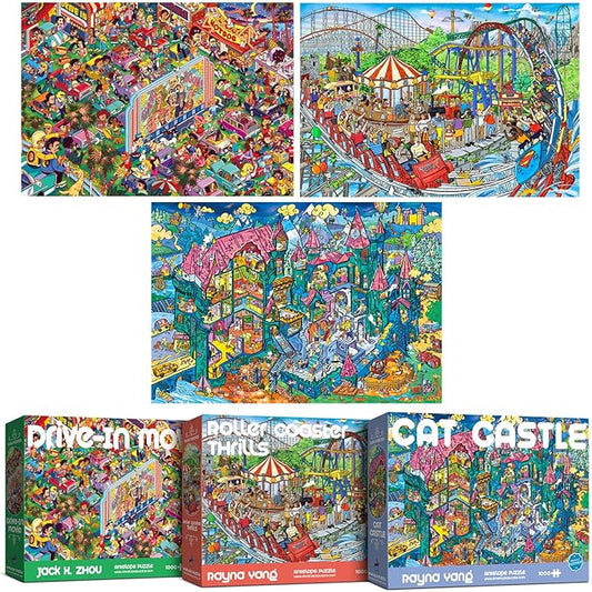 ANTELOPE 3 in 1 1000 Piece Puzzle Bundle - Roller Coaster, Drive in Movie, Cat Castle - 3000 Piece Jigsaw Puzzle, 3 Count, 15 Years and Up