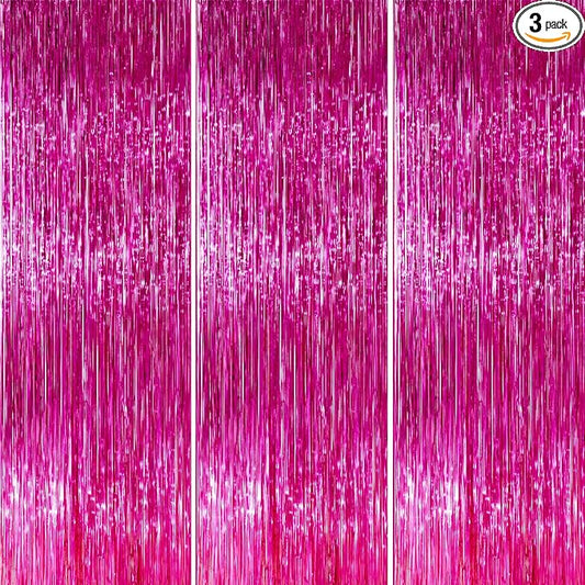 PartyWoo Hot Pink Foil Fringe Curtain Red Rose Streamers 3pcs 8.2ft Magenta Tinsel Backdrop Dark Pink Curtains for Birthday Barbie Theme Galentines Bachelorette Tequila Sunrise Party Decorations