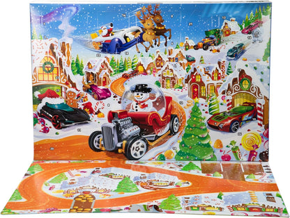 Hot Wheels Toy Cars & Playset, 2025 Advent Calendar with 10 Vehicles in 1:64 Scale, 10 Ornament Clips & 14 Winter-Themed Accessories