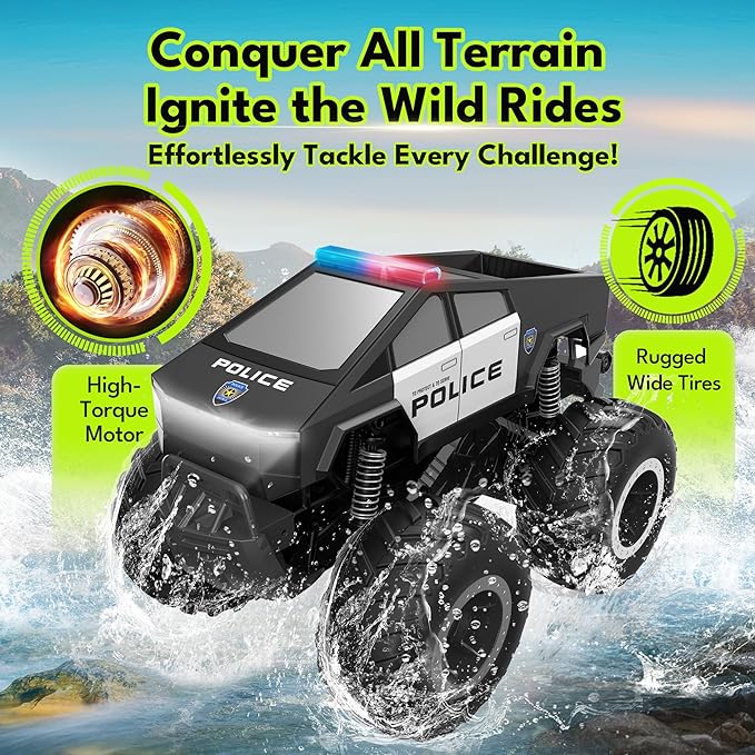 GoBang 1:16 Amphibious Cyber Police Car Monster Truck Toys Remote Control Car Waterproof Rc Cars 4WD All Terrain Off-Road Trucks for 6 7 8 9 10 11 12 Year Old Boys Girls Gifts Presents