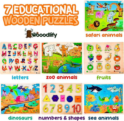 7 Pack Wooden Puzzles for Toddlers 2 3 4 5 Years Old - 7 Colorful Chunky Wood Peg Puzzles for Kids Ages 2-5, Alphabet Shape Numbers Fruits Sea Animals Dinosaur Zoo - Educational Toddler Learning Toys