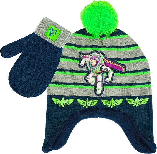 Disney Toy Story Buzz Lightyear Toddler Winter Hat and Snow Gloves for Boys 2 Pc. Set, Soft Mittens with Warm Pom-Pom Beanie