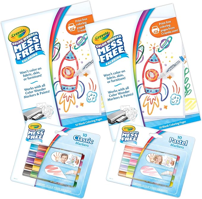 Crayola Color Wonder Mess Free Coloring Kit (120ct), 100 Mess Free Coloring Pages & 20 Mini Markers, Toddler Travel Activity, Gift for Toddlers