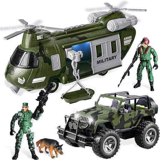 JOYIN Military Vehicles Toy Set of Friction Powered Transport Helicopter and Military Truck with Light and Sound Siren and Army Men Soldier Action Figures for Kids, Presents for Kids