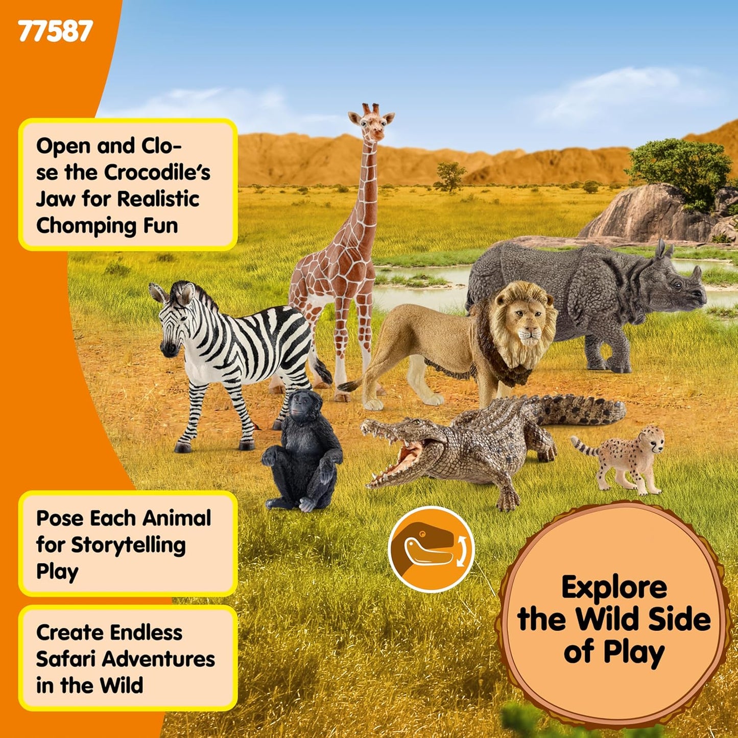 Schleich Wild Life - 7 PC Safari Animals Figurines Set with Lion, Giraffe, Zebra, Monkey, Rhino, Cheetah Cub Toys - Realistic Animal Figures Playset for Boys and Girls Ages 3+ - 77587